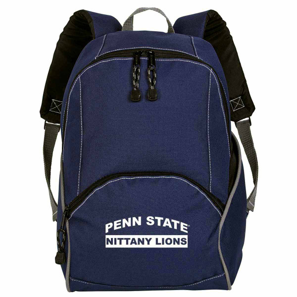 navy backpack with white arched Penn State over Nittany Lions